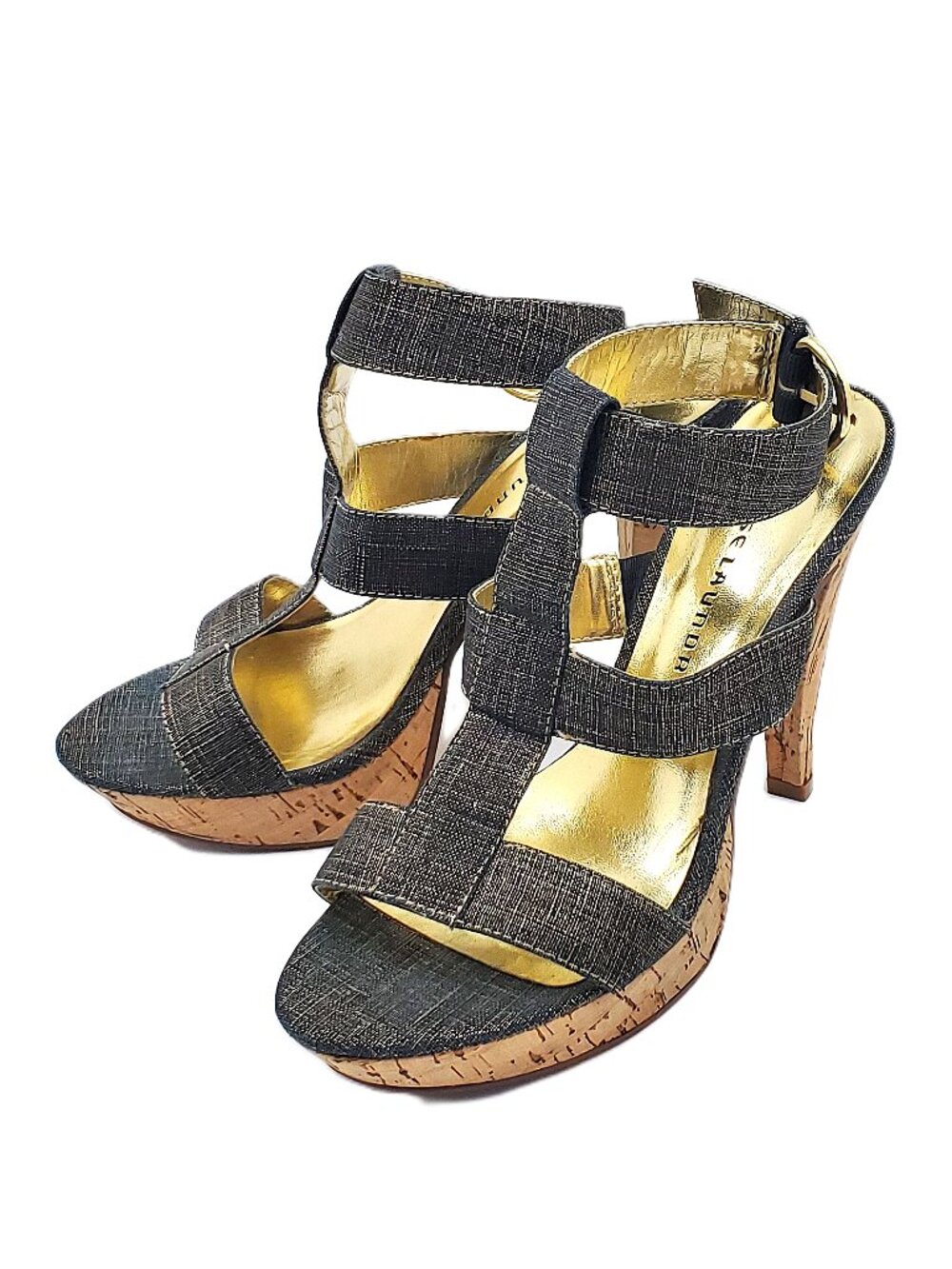 “Chinese Laundry” Gray & Gold T-Strap Cork Platform Sandals – 4 ½ Inch – Size 8M